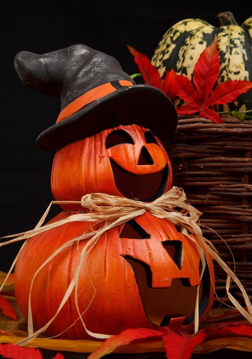 Halloween Karte Kürbisse mit Hut Vorderseite